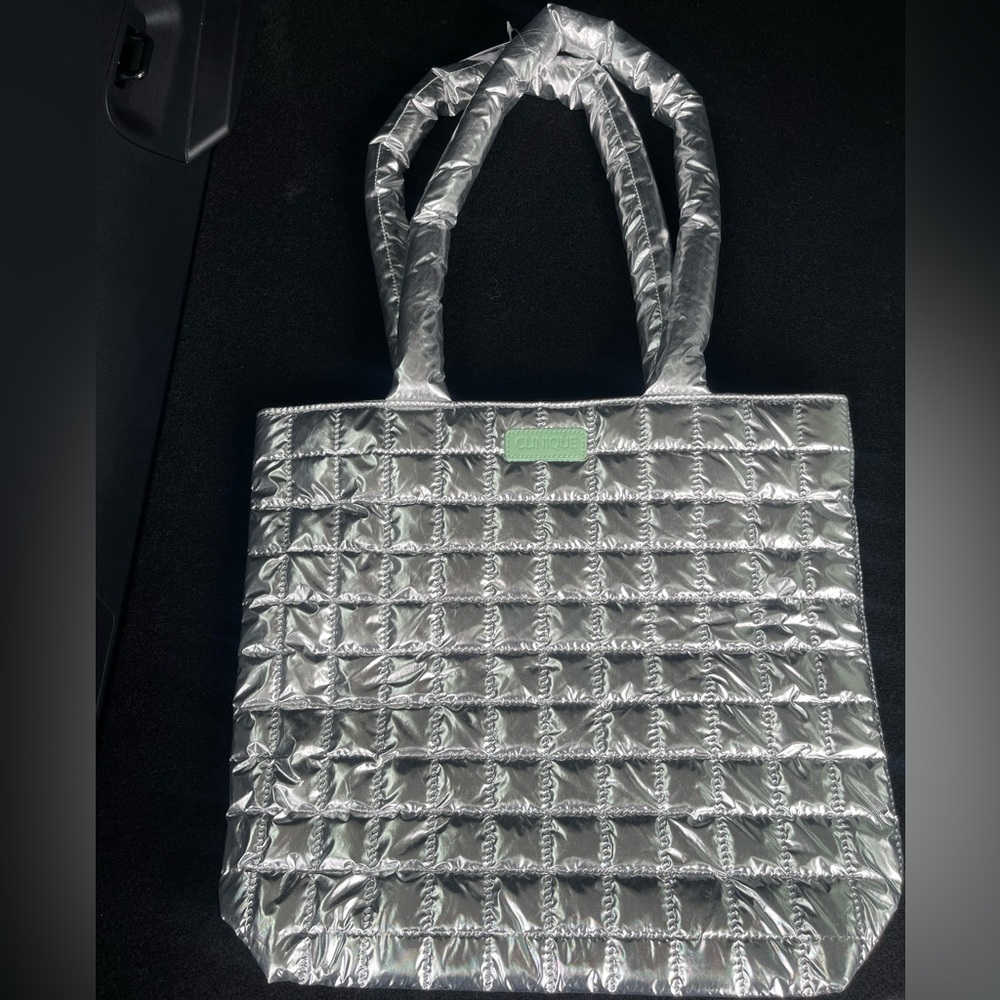 Clinique Metallic Silver Quilted Tote Bag